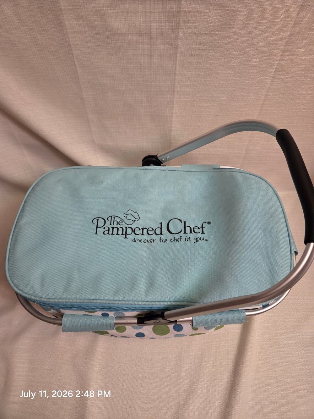 Pampered Chef Insulated Polka Dot Picnic Tote Bag w/ Handle Lid Blue/Green/White